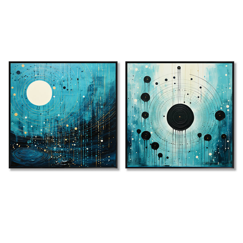 Ensemble de 2 collages abstraits bleus et noirs, Cadre flottant noir, H 16 po x l 33 po