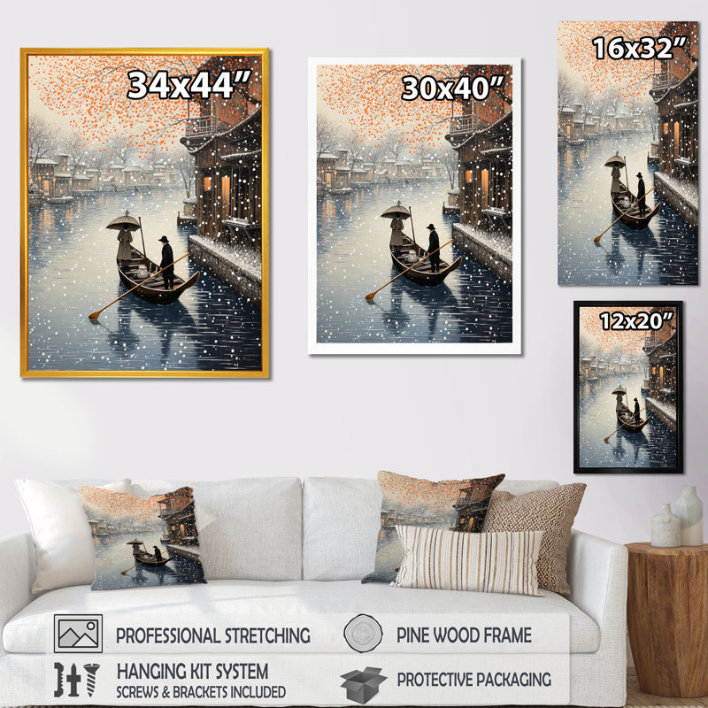 Yuletide Boat Voyage I - Art mural nautique, H 60 po x l 28 po x P 1,5 po, Cadre flottant noir