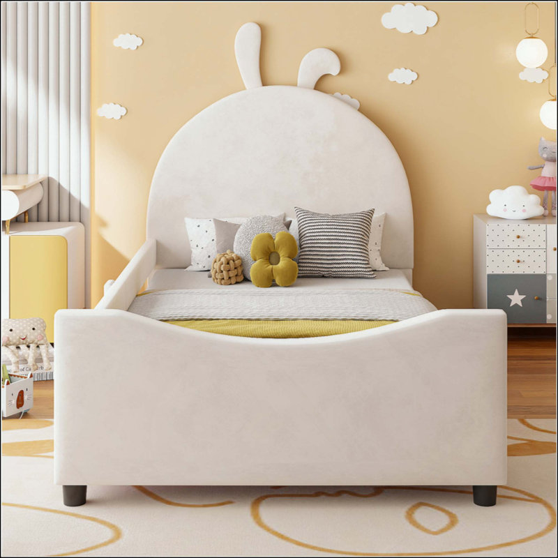 Lit de jour rembourré avec tête de lit en forme d'oreille de lapin, Beige