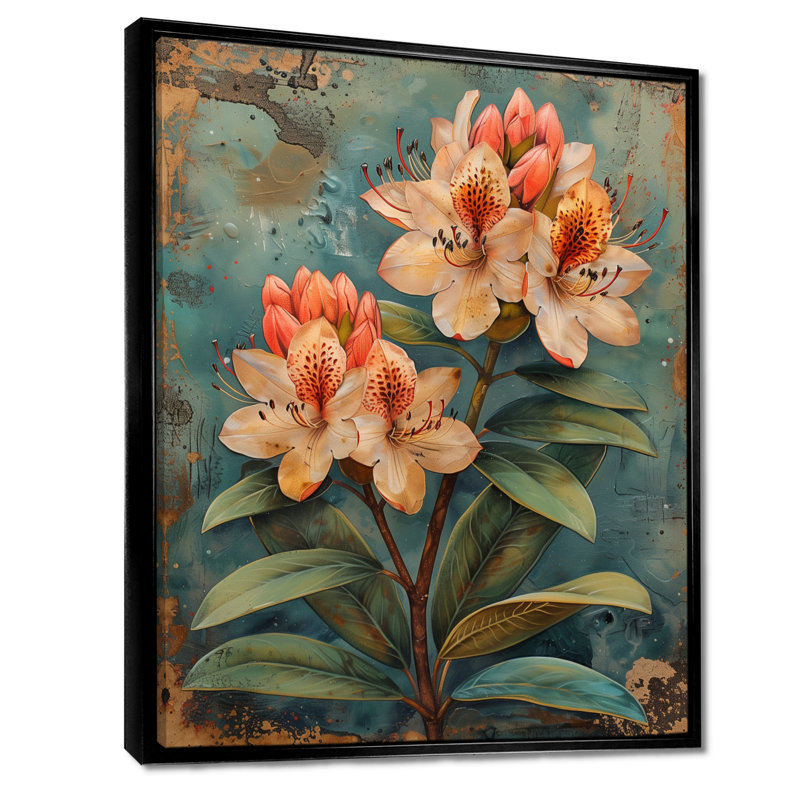 Collage de rhododendrons orange et vert - impression d'art mural rhododendron, H 30 po x l 40 po, Cadre flottant noir