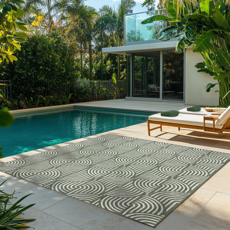 Savara Chryssi Green Cream Ivory Modern Circles Indoor/ Outdoor Polypropylene Flatweave Area Rug, Rectangle 7'10" x 10'