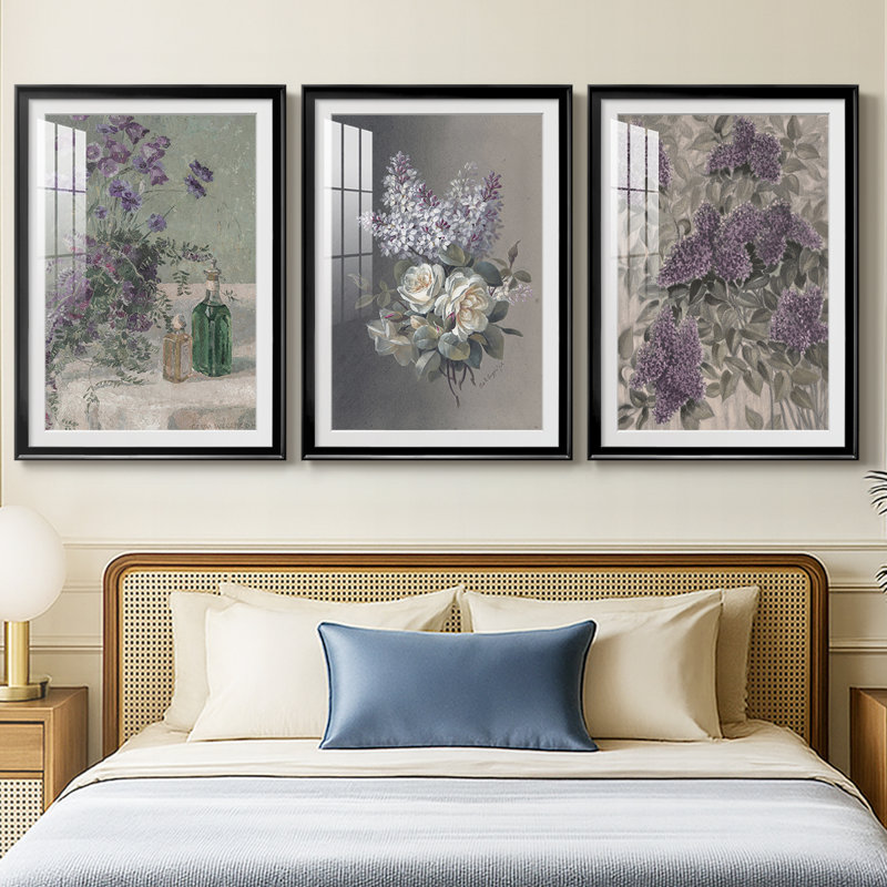 Imprimé floral rétro CCLxxi - impression encadrée sur mesure de qualité supérieure - 3 pièces, Noir, H 21 po x l 30 po