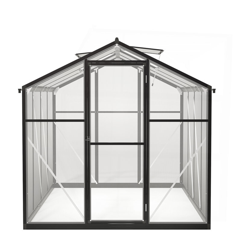 Serre de 6 pi x 8 pi pour l'extérieur, serre en polycarbonate avec structure à installation rapide et évent de toit, grande serre en aluminium pour l'extérieur de la cour arrière, noir