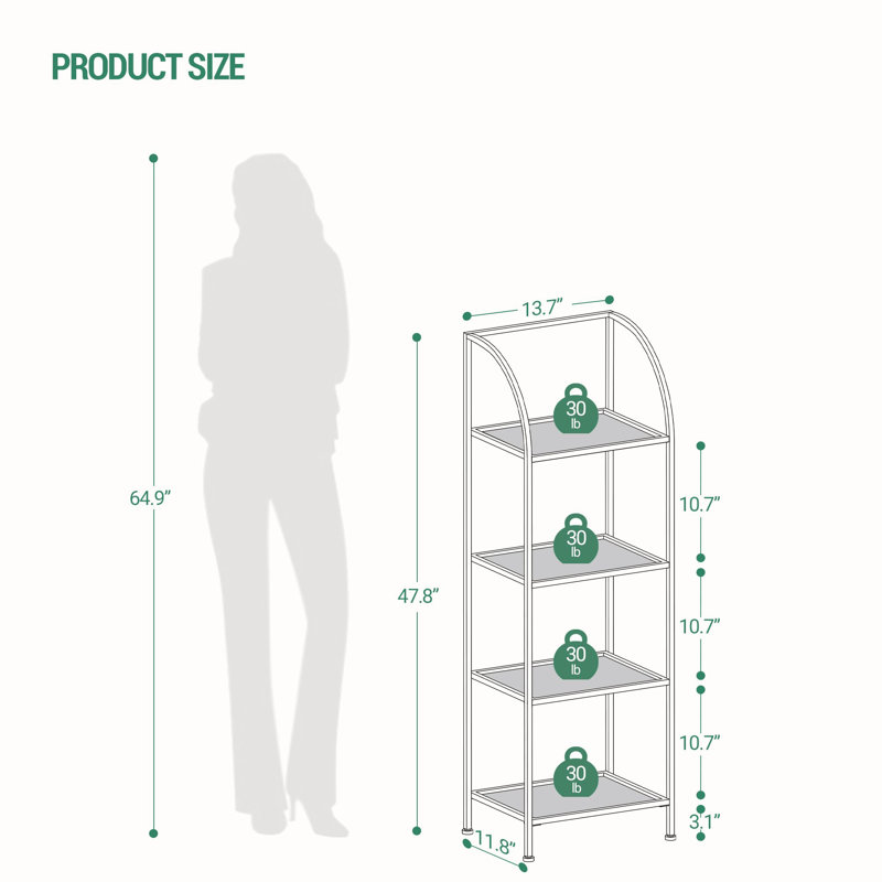 4-Tier Bookcase Bookshelf,Gold Finish Arched Glass Bookcase