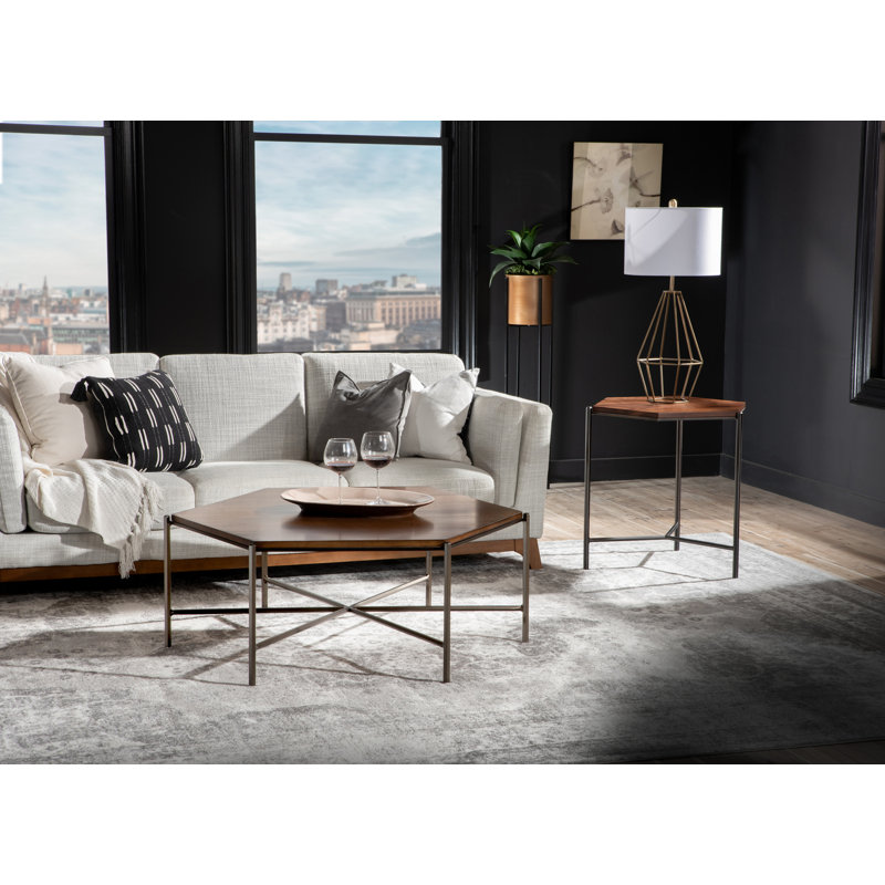 Athena Glass Top Coffee Table, Nutmeg, Gunmetal, Maple