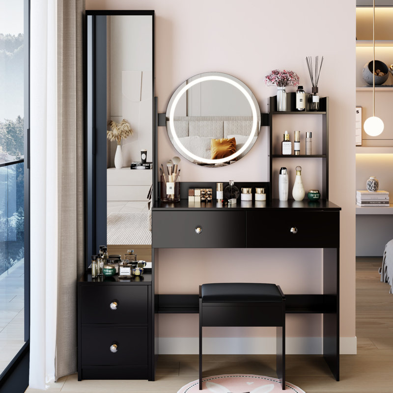 Table de meuble-lavabo à DEL à contrôle de luminosité réglable à 3 couleurs de 17 po de diamètre, avec armoire à miroir pleine grandeur et tabouret rembourré, design américain, noir, 42,87 po de profondeur, 13,79 de largeur, 61,95 de hauteur