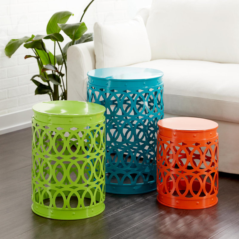 Multi Colored Metal Indoor Outdoor Nesting Accent Table with Carved Trellis Design 3 - Pieces, Blue/Green/Orange