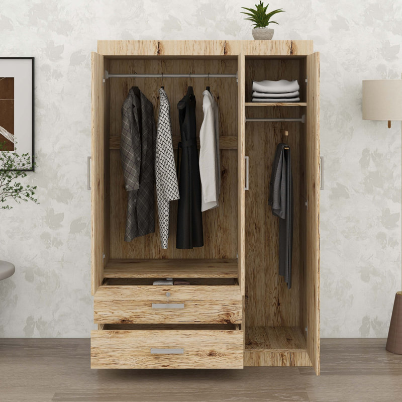 Armoire-penderie à 3 portes, 2 tiroirs et 2 tringles de suspension pour l'organisation du placard, Oak