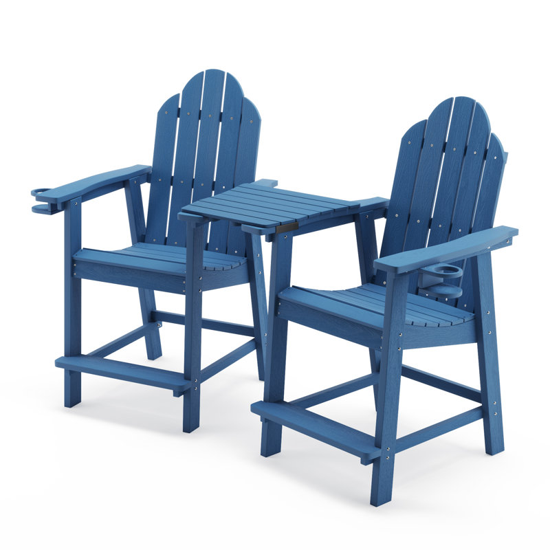 Tall Adirondack Chairs Set Of 2 With Removable Table,Poly Adirondack Chair Bar Stools With Cup Holder, 25.6", 300Lbs, Weather Resistant Lifeguard Chair For Balcony,Deck