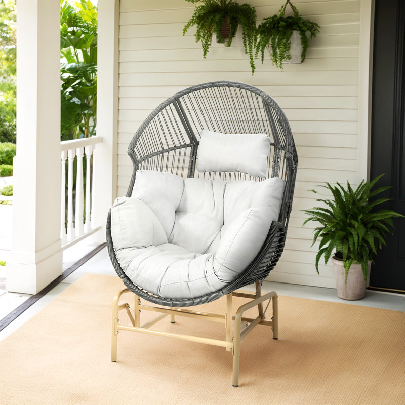 Fauteuil à œufs en osier Baja avec coussin et base coulissante, Beige, Gris