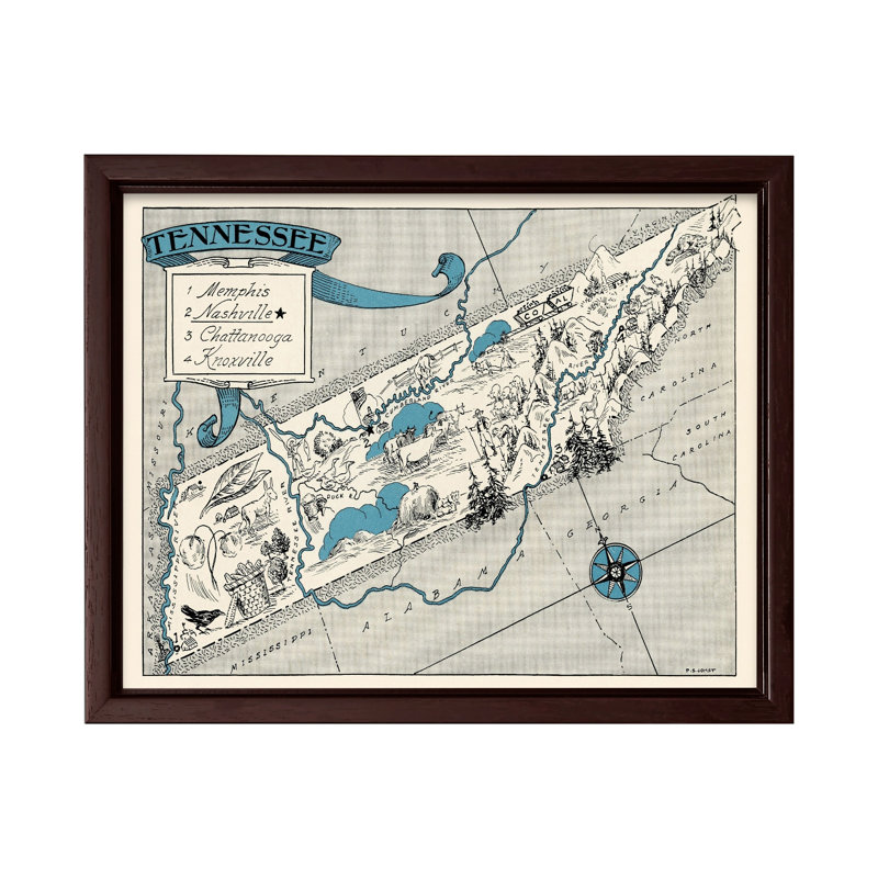 Carte illustrée du Tennessee, Canevas, 08"H x 10"W, Encadrement brun