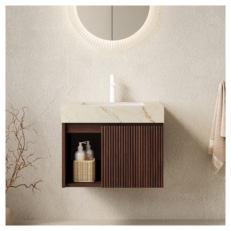 Meuble-lavabo suspendu EIDEN 24 po avec dessus en pierre frittée et lavabo en céramique, fini grain de bois de noyer, comptoir à veines dorées crème, armoire de rangement murale (robinet et drain non inclus)