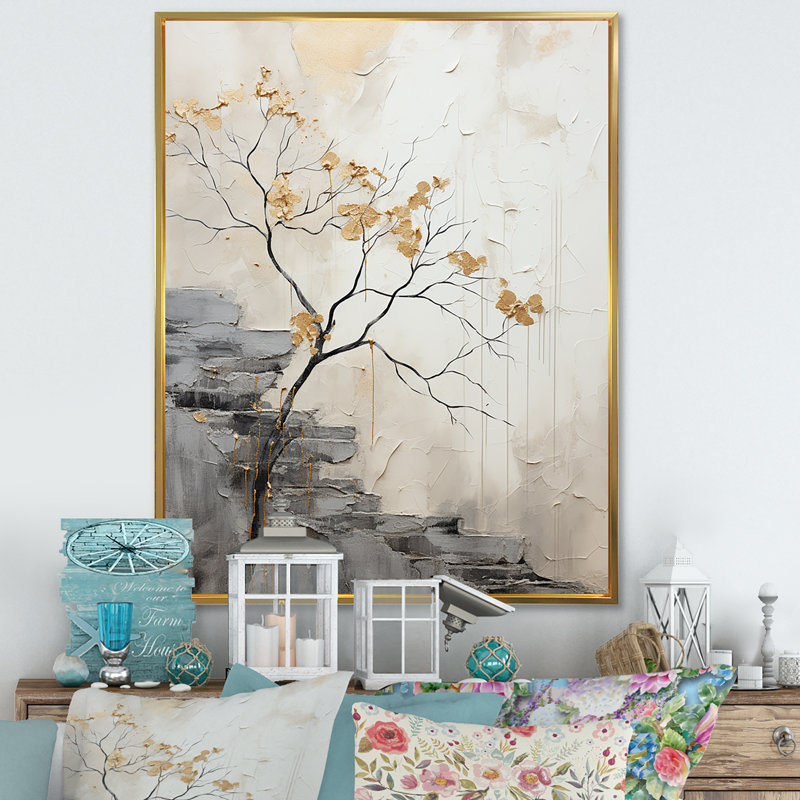 " Minimalism Calm River Forest ", Gold Floater Framed, 32" H x 16" W x 1" D