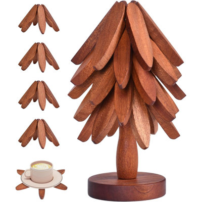 Christmas Tree Coasters - Wooden Trivets For Hot Dishes, Tree Shape Set - 5 Walnut Wood Trivets + 1 Stand (8.8 Inches)