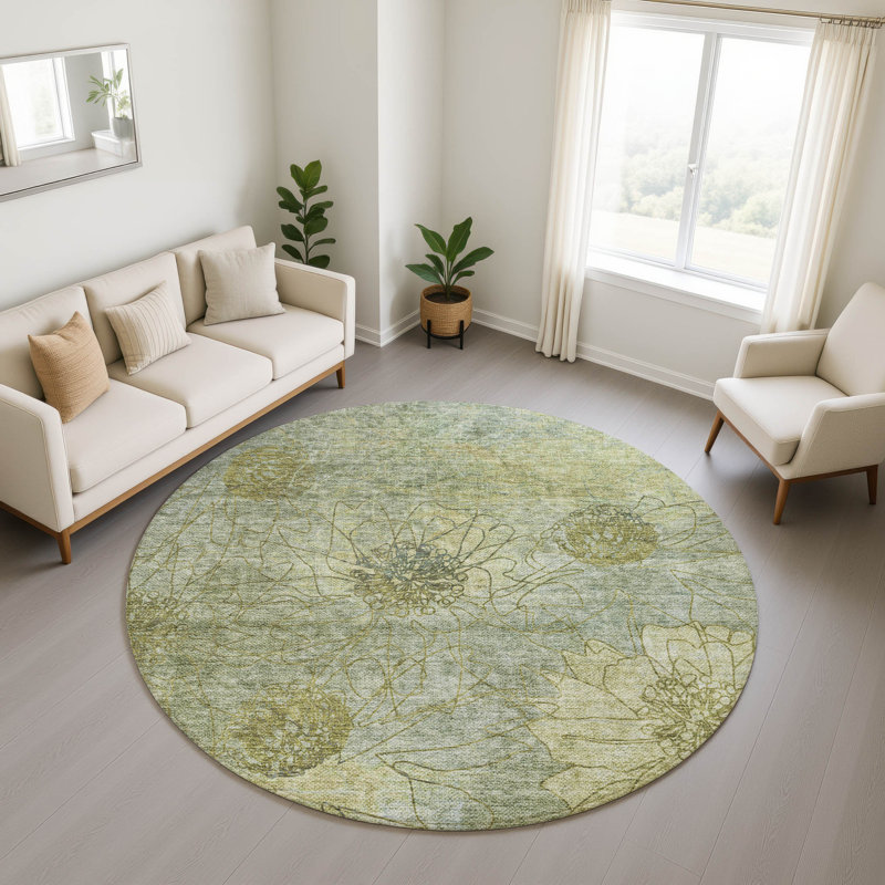 Premium Machine Washable Mayfield AMF2235 Floral Rug, Aloe, 8' Round
