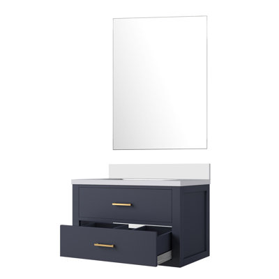 Meuble-lavabo simple bleu l 30 po x P 22 po, comptoir en quartz blanc, 28 po Miroir, fermeture en douceur, bois massif et coiffeuse, miroir inclus,