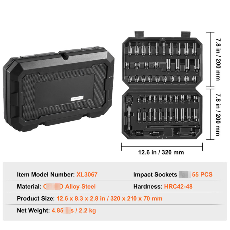 Trousse à outils à couple élevé de 1/4 po 55 pièces 6 douilles à impact en alliage avec marques claires et boîte de rangement en acier à poids moyen