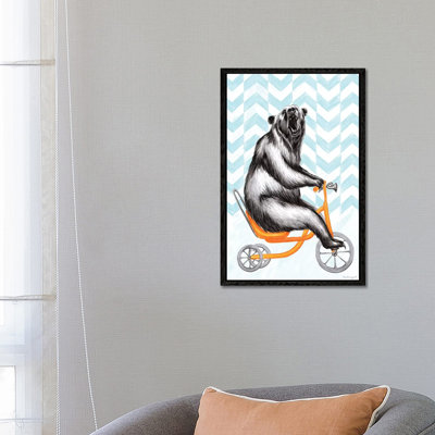 Bear On Bike by Amélie Legault - Floater Frame Print on Canvas