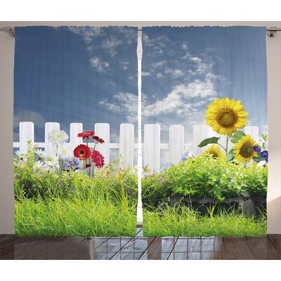 Farm House Grass Foliage Field with Bar Sunflowers Daisy Hedge Yard Cloudy Jardin Graphic Print & Text Semi-Sheer Rod Pocket Curtain Panels -  Ambesonne, p_21624_108x84