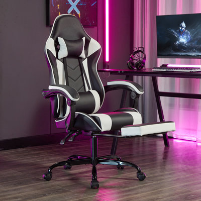 Fauteuil de jeu avec repose-pieds, ordinateur ergonomique et support lombaire, matériau respirant, jeu vidéo à hauteur réglable pour adultes en noir et blanc, avec coussin de massage, support rotatif rétractable sur 360 degrés