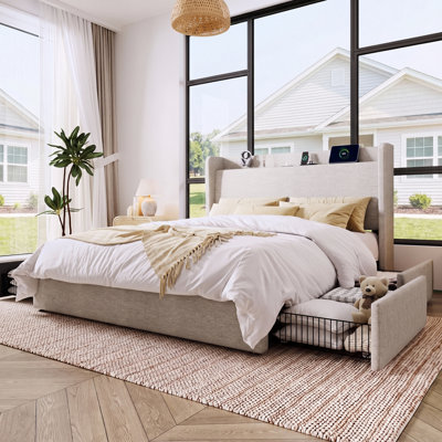 Modern Linen Upholstered Storage Bed Frame with 4 Drawers, Wingback Platform Bed with Charging Station and Storage Headboard, No Box Spring Needed