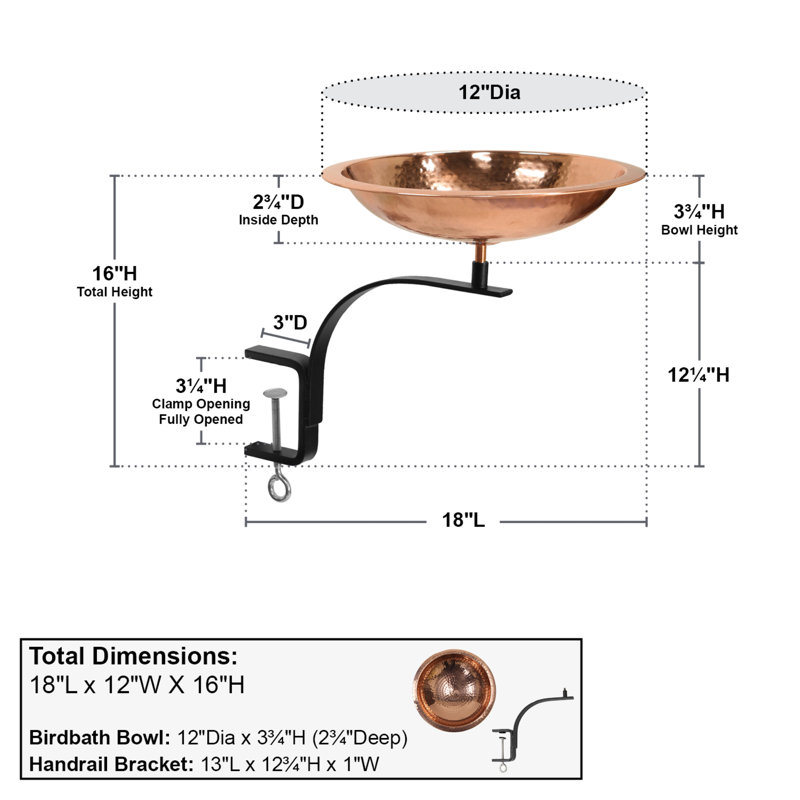 Hammered Copper Rail-Mounted Birdbath with Black Metal Bracket