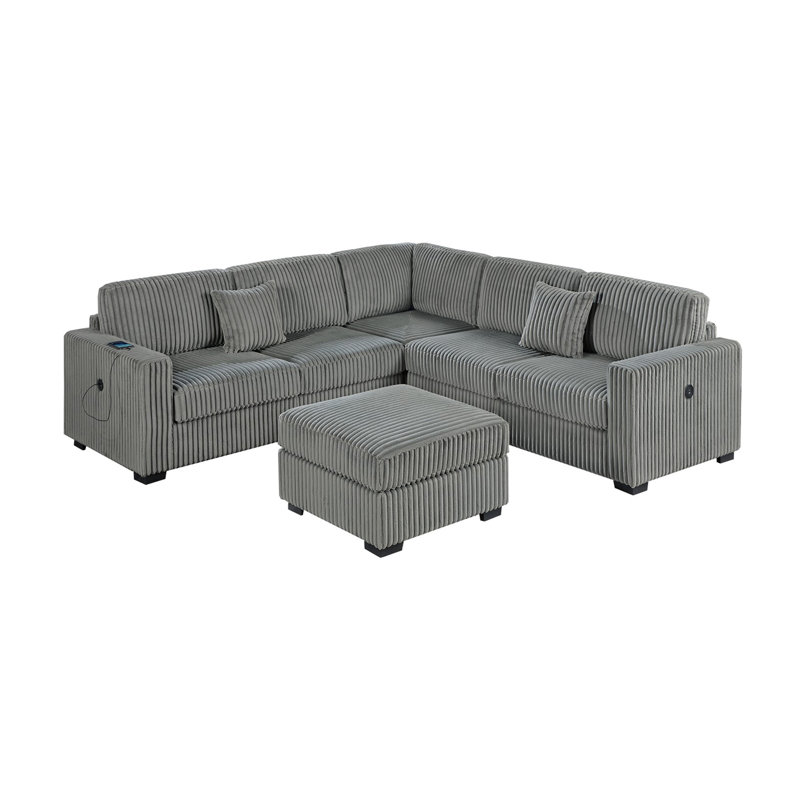 Living Room Corduroy Upholstered 4Pc Sectional Set RAF/LAF One-Arm Loveseat W/USB, Corner Wedge, Cocktail Ottoman Cushion Couch