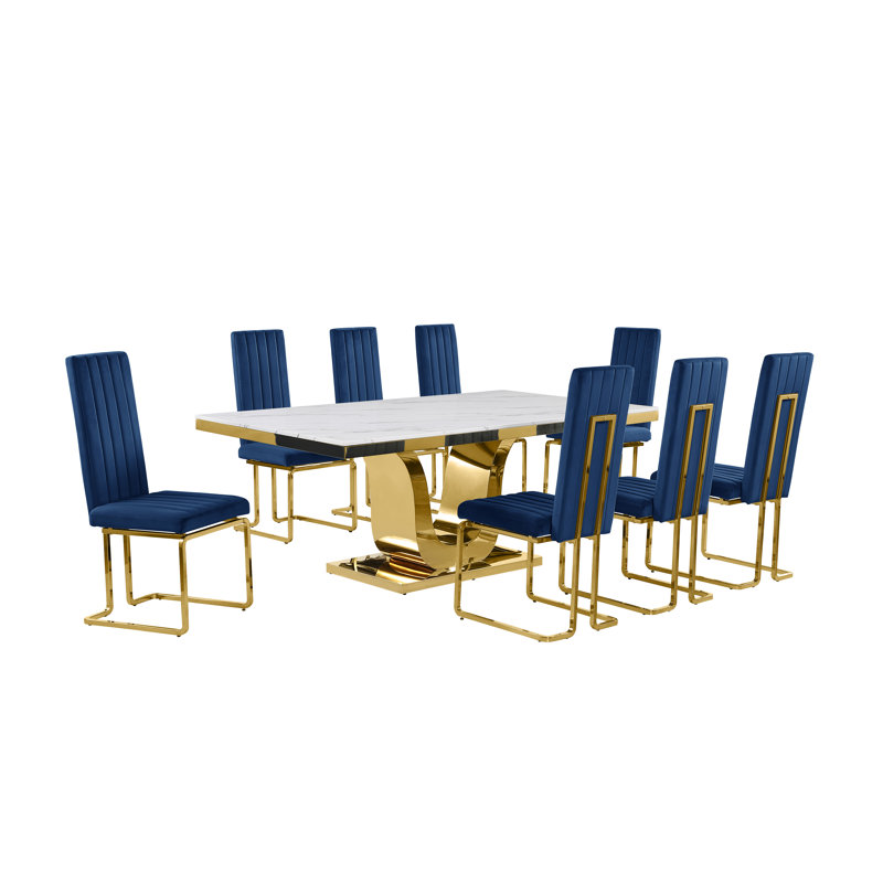 Zamanta Marble Top Pedestal Dining Set, Navy/Gold, 9
