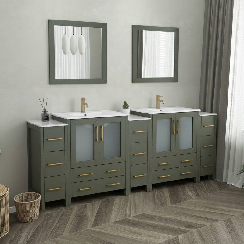  Ensemble de meuble-lavabo double 96 "avec miroir Modern, Vert rétro