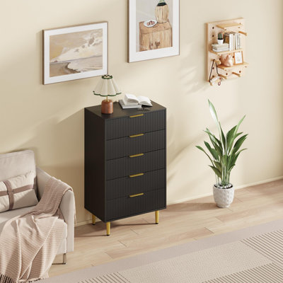 29.5" Wide 5-Drawer Dresser with Fluted Design, Wood Chest of Drawers with Gold Handles, Large Storage Organizer for Bedroom and Entryway, Easy Assembly-Black