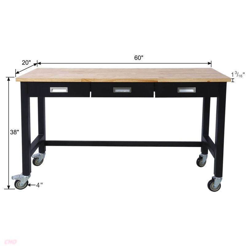Banc de travail 60 po, banc de travail avec rangement de tiroir, table de travail en bois de bambou robuste avec roulettes pour le bureau à domicile