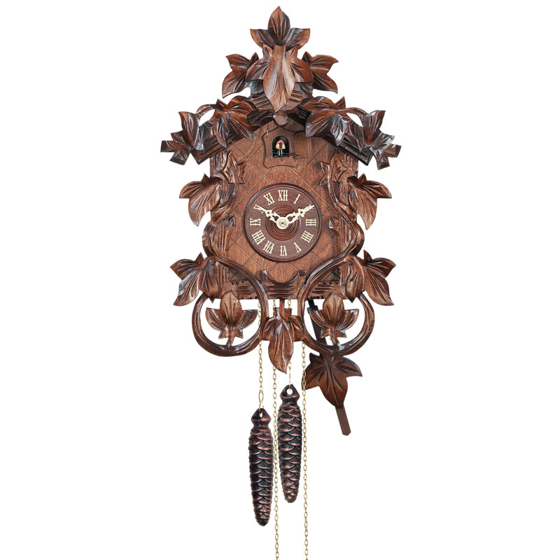  One Day Cuckoo Clock 14" H Hand-carved Leaves & Vines, Traditional German Design