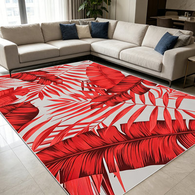 1 tapis de feuilles de palmier tropicales rouges pour le salon, doux et confortable, adapté à toutes les saisons, facile à entretenir, lavable à la machine, tapis de dessous de table convenant au salon, à la salle à manger, à la chambre à coucher,