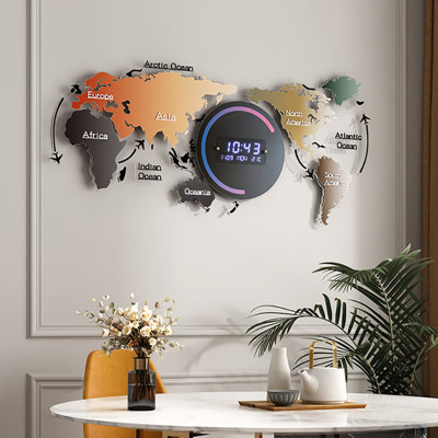 Modern Large Multifunctional World Map Wall Clock Decor With LED Digital Display Screen