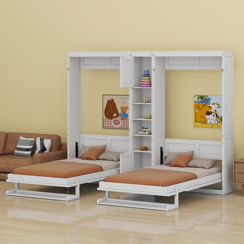 Dual Murphy Beds With Cabinets And Shelves, White