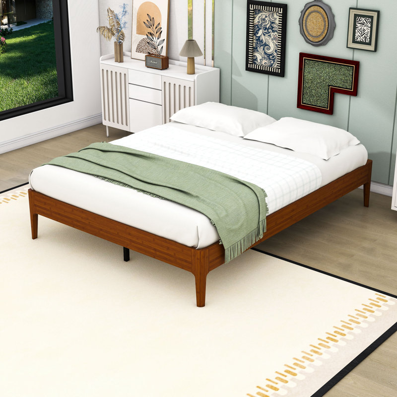 Lit plateforme en bambou avec support en métal et rangement sous le lit, Brun, Grand lit