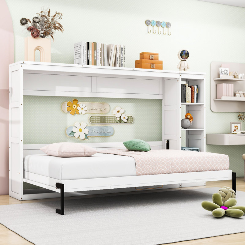 Lit escamotable en bois avec bibliothèque, Double, Blanc