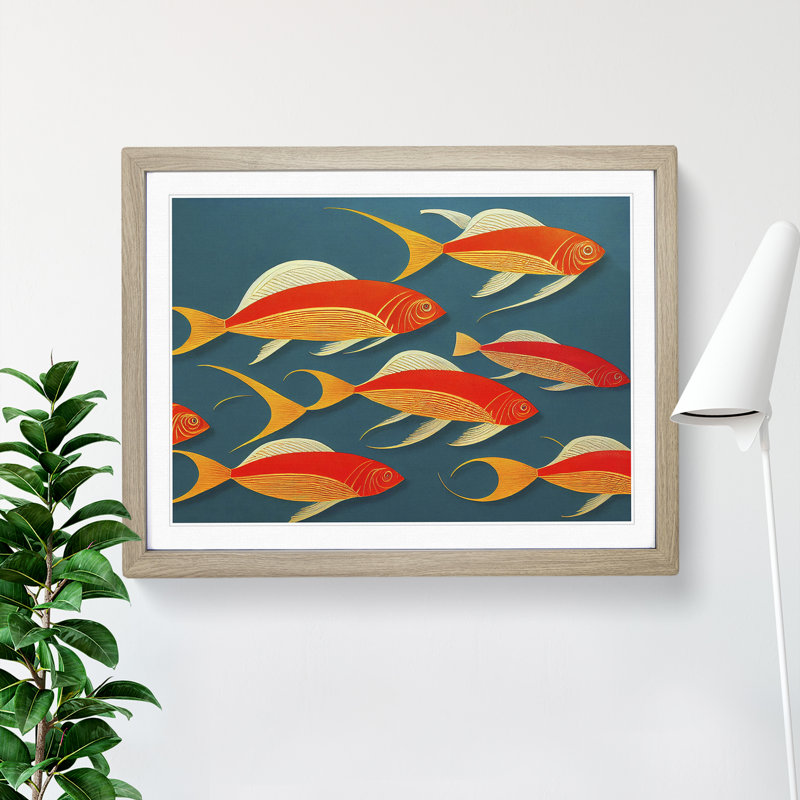 Art Deco Fish - Single Picture Frame Print, 25cm H x 34cm W , Beige