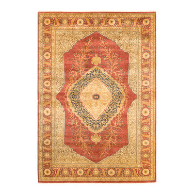 Tapis unique noué à la main orange / beige / bleu marine 6 pi 1 po x 8 pi 9 po Keller