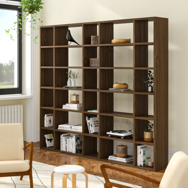 Crowl 224 cm H x 255 cm W Geometric Bookcase, Walnut