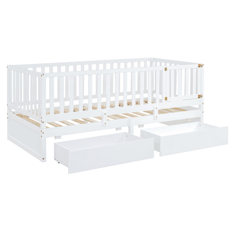 White Twin Size Daybed With Fence Guardrails & Drawers, Long-Lasting And 2 White, Stable Bed Structure, White, Twin