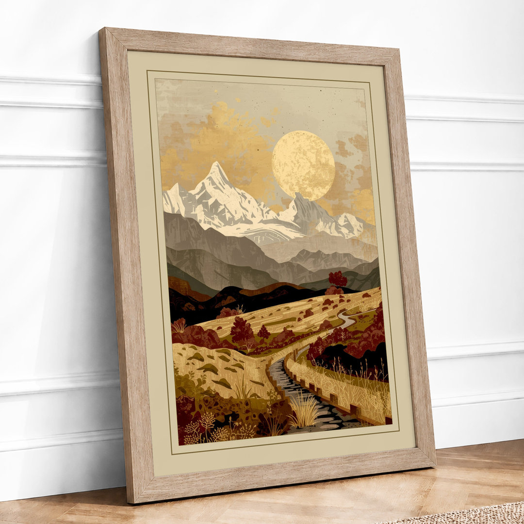Mountain Under Moon Japandi - Framed Print
