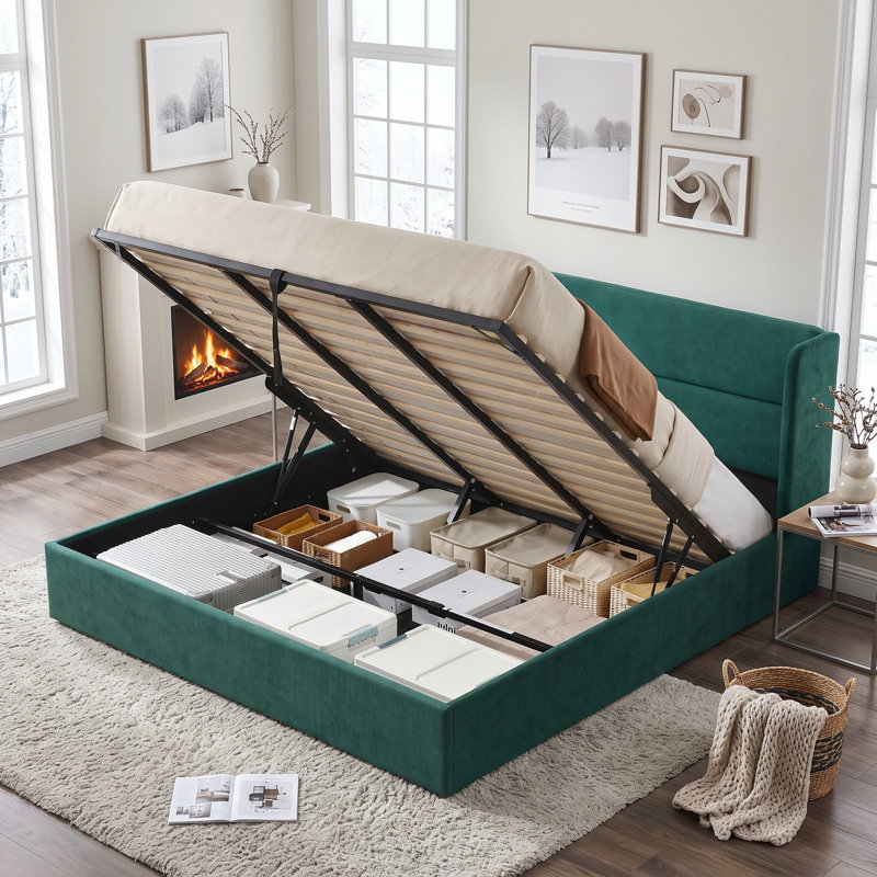 Structure de lit tapissier Annek avec rangement relevable, tête de lit à oreilles de H 40,9 po, lattes de bois et structure en métal, plusieurs tailles et options de tissu disponibles