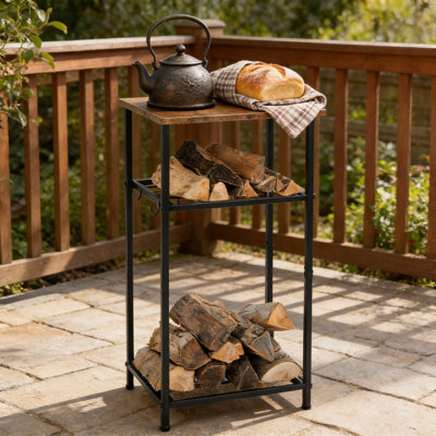 2-Tier Firewood Rack With Storage Shelf & Hooks - Heavy Duty Indoor Outdoor Log Holder For Fireplace, Deck, Patio, And Wood Stove