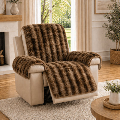 Faux Rabbit Fur Plush Recliner Sofa Cover Set with Separate Armrest Pads, Non-Slip Washable Furniture Protector for Armchair, Loveseat and 3-Seat Sofa