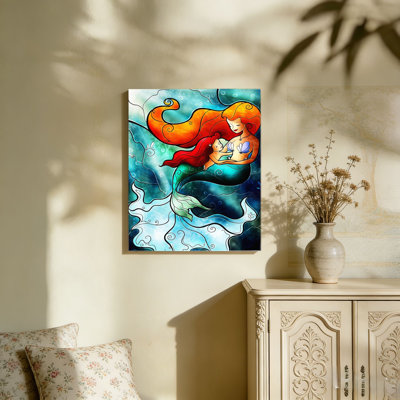 Mermaid And Child Stained Glass Style, Unframed Wall Art, 36"L X 24"W