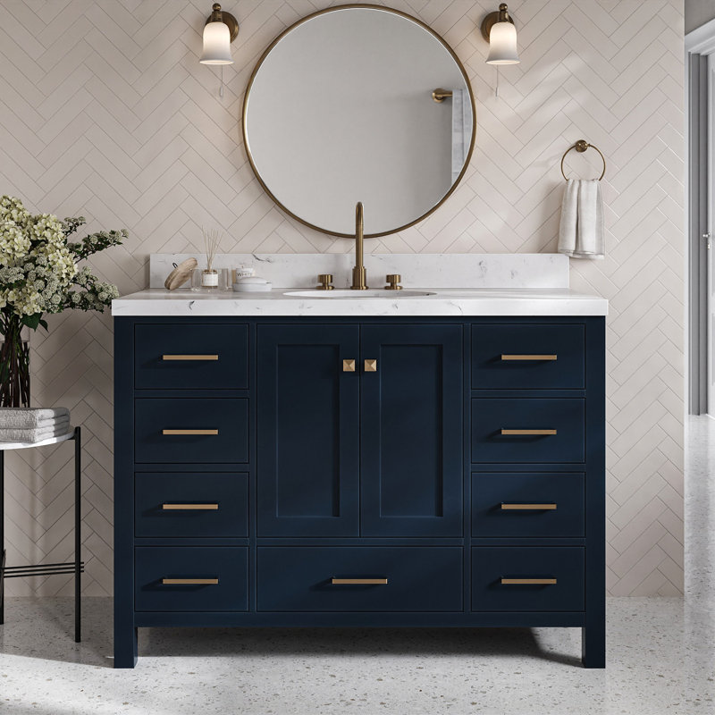 Cambridge 48.25'' Single Bathroom Vanity with Carrara Quartz Top, Midnight Blue, Rectangular