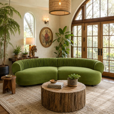 Modern Curved Sofa 102.36", Crescent Silhouette with Pleated Backrest, High-Resilience Foam Seat, Upholstered Couch for Living Room, Office and Lounge, Green