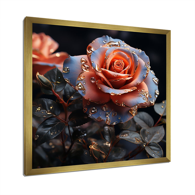 Or et rose bleue passion sur toile, Cadre doré simple, H 16 po x l 16 po x P 1 po