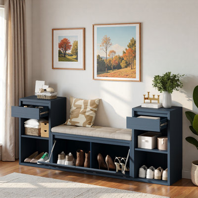 Banc de rangement avec coussin, compartiments, tiroirs et tablettes ouvertes